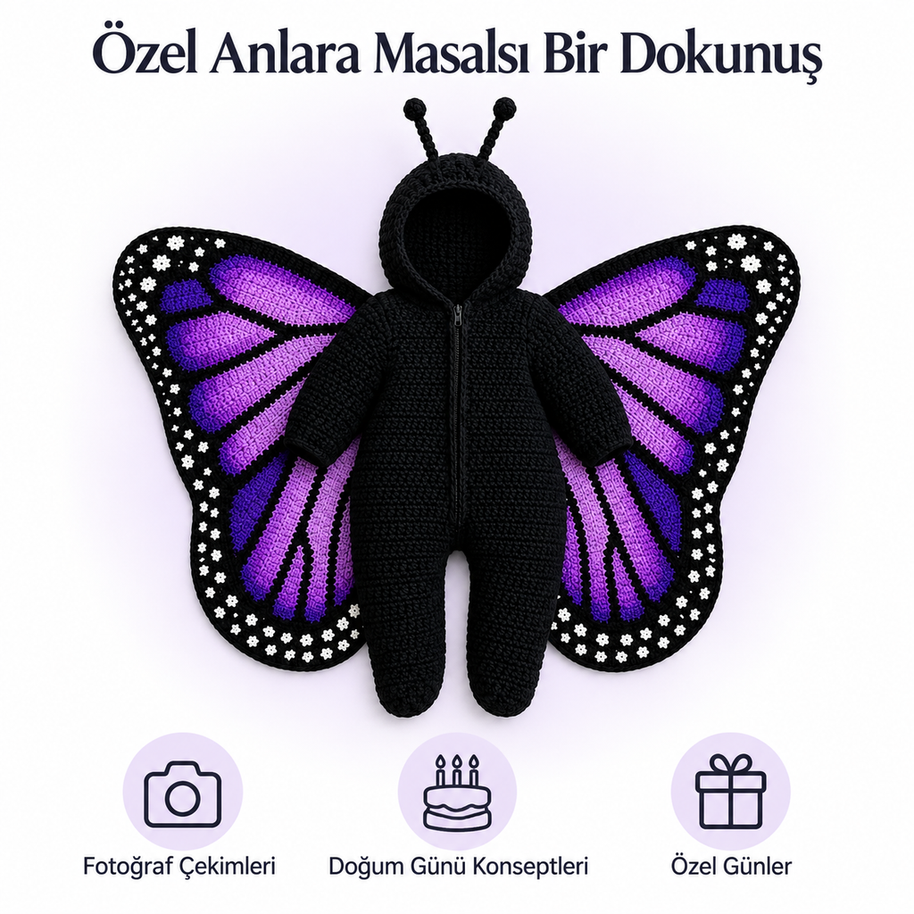 Özel günler için mor kelebek bebek kostümü