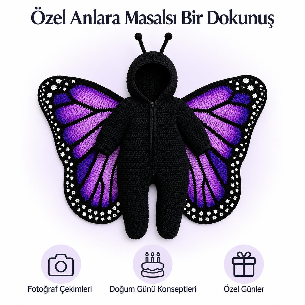Özel günler için mor kelebek bebek kostümü