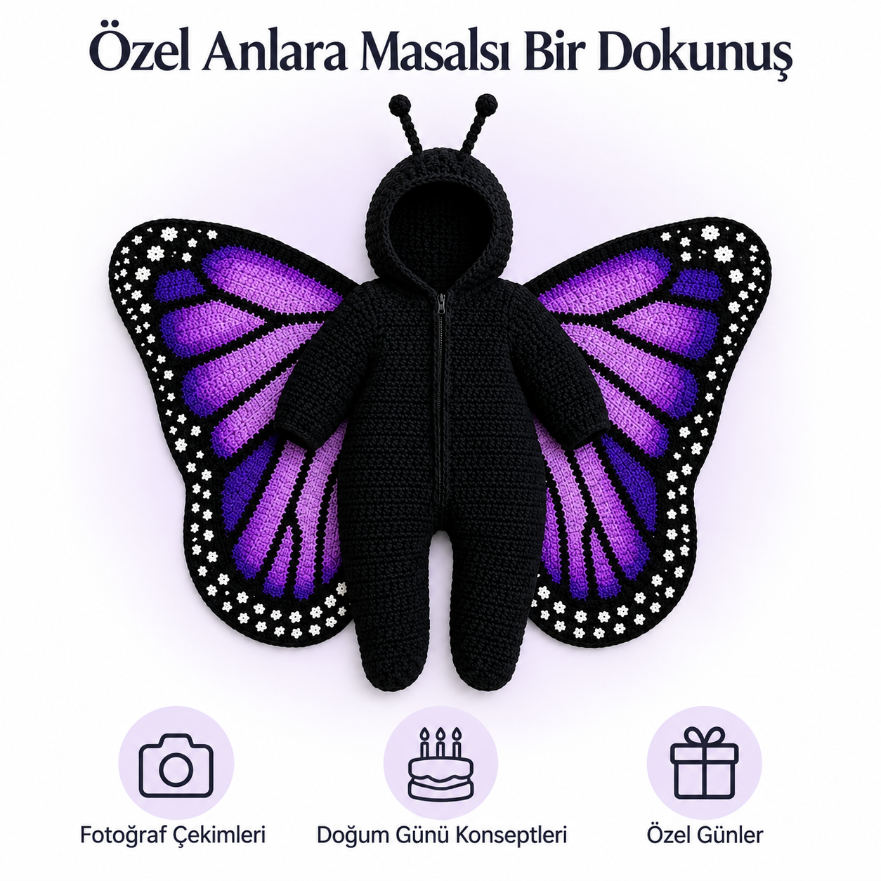 Özel günler için mor kelebek bebek kostümü