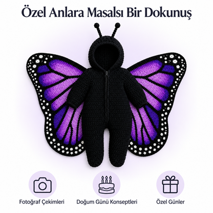 Özel günler için mor kelebek bebek kostümü